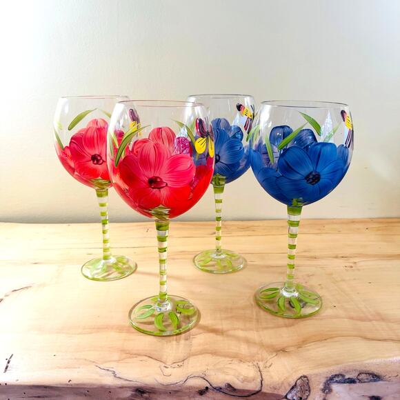 4 Vtg Hand-Painted Flower Butterfly Wine Glasses Goblets Floral Set Glass Water - Picture 3 of 11